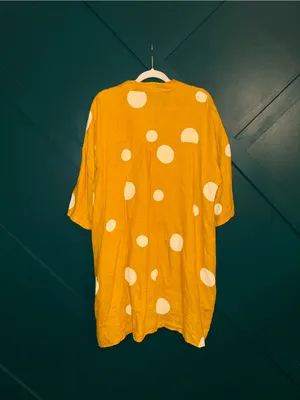 Linen Mustard Yellow Polka Dot Button Front Shirt Dress Tunic Boho Pockets XL thumbnail 3