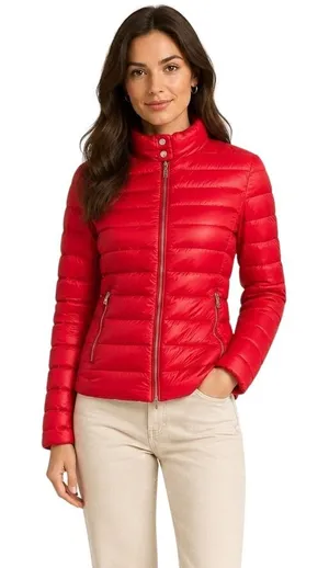 Zara Woman Red Quilted Down Puffer Jacket Mock Neck Slim Fit Size Medium‎ thumbnail 1