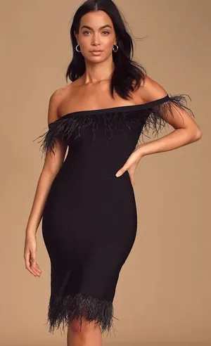 Elliatt Black Feather Bandage Off The Shoulder Party Women’s Dress Size Medium thumbnail 1