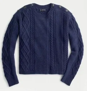 J. Crew Navy Cable-Knit Crewneck Sweater with Shoulder Buttons thumbnail 1