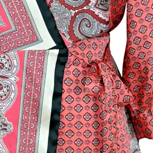 Zara Kimono Wrap Dress MEDIUM Tie Pink Black Paisley Silky 3/4 Sleeve thumbnail 4