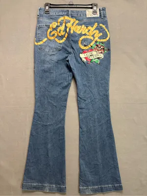 Ed Hardy Blue Flare Jeans with Colorful 'True Love' Embroidery 30 Y2K Grunge thumbnail 2