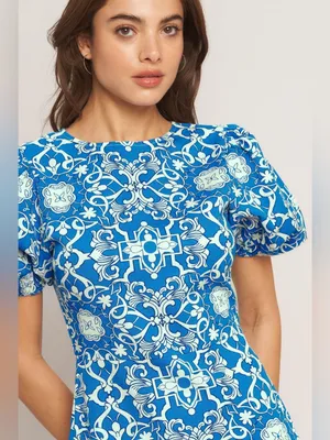Flying Tomato White Blue Puff Sleeve Dress Medium thumbnail 3