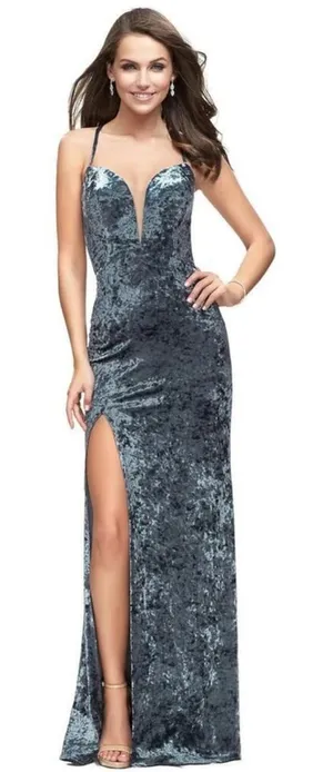 La Femme 25659 Strappy Plunging Velvet Slit Dress‎ Gown Blue Size 6 thumbnail 1