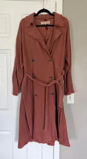 Free People Dusty Rose Long Coat Jacket Belted Double Breasted Trench Coat thumbnail 1