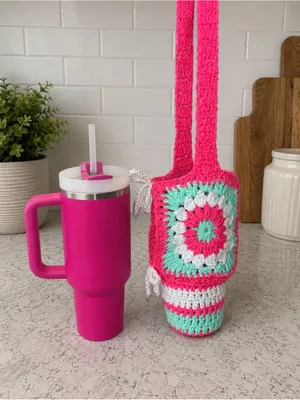 Handmade Stanley Cup PINK Crochet Bag Water Carrier Purse 40oz size - Purse only thumbnail 3