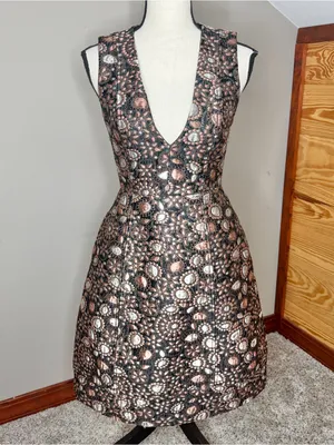 Alice & Olivia Pacey Low V-Neck Metallic Brocade Jacquard Lantern Mini Dress 2 thumbnail 2