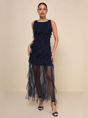Lulu's Striking Aesthetic Navy Blue Mesh Ruffled Swiss Dot Maxi Dress thumbnail 2