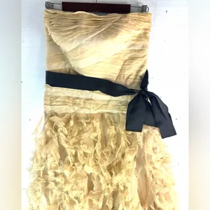 Tadashi Shoji 8 Silk Elegant Ruffle Strapless Formal Maxi Dress in Golden Beige thumbnail 2