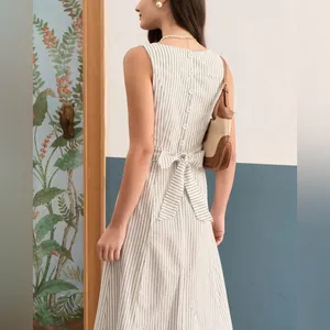 Rihoas White Square Neck Striped Midi Dress Size L thumbnail 3