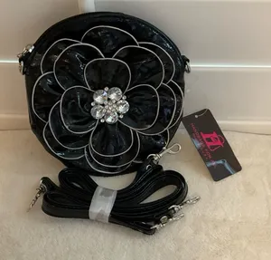Black Floral Applique Crossbody Bag with Crystal Accent thumbnail 1