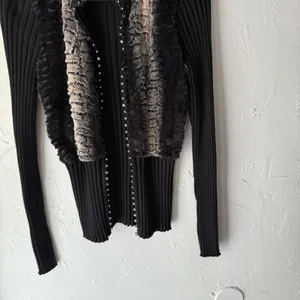 Baldin Cardigan Y2k Sm Black Faux‎ Fur Collar Ribbed Knit Sweater Jacket Grunge thumbnail 3