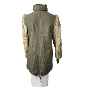 Aqua Genuine Rabbit Fur Long Sleeve Stand Collar Utility Parka Coat Jacket Sz XS thumbnail 4