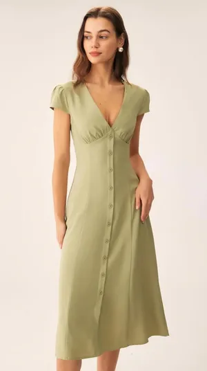RIHOAS Green V-Neck Button Midi Dress XL thumbnail 1