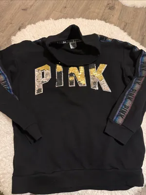 PINK Victoria's Secret Black Pullover Hoodie with Gold & Silver Sequin Logo thumbnail 1