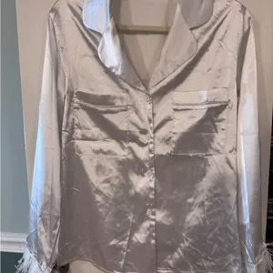 Sleek White Satin Button-Up Blouse and Shorts Pajama Set thumbnail 2