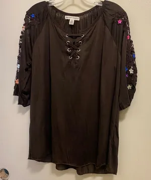 New York Laundry Womens Sheer Top Blouse XL Brown Lace Sleeves Jeweled Flowers thumbnail 1