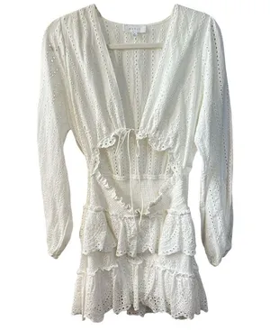 Mable White Eyelet Ruffle Mini Dress White Size Medium Boho Western Bachelorette thumbnail 3