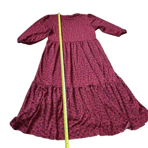 ZARA Red Black Dainty Floral 1/4 Sleeves Tiered Maxi Dress Womens Size Small S thumbnail 7
