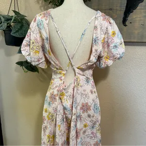 NWOT Lulus Flourishing Feelings Pink Floral Puff Sleeve Midi Dress XL thumbnail 5