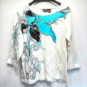 Chico’s Additions White with Teal & Black Flower 3/4 Sleeve 100% Cotton Top thumbnail 1