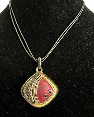Chico's Abstract Geometric 90s Enamel Pendant Necklace Y2K Boho Leather Strap thumbnail 1