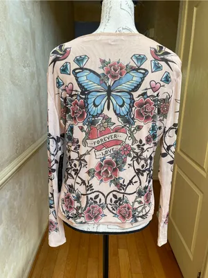 Madden Girl Y2K Tattoo Print Mesh Long Sleeve Top Butterflies Hearts Roses 2XL thumbnail 7