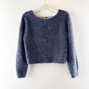 Anthropologie Long Sleeve Scoop Back Eyelash Sweater Navy Blue Small thumbnail 4