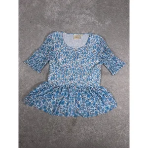 Anthropologie Maeve Ashton smocked peplum top blue‎ floral thumbnail 3
