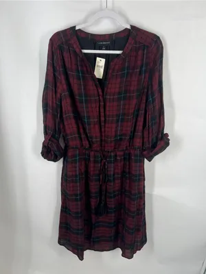 NWT Lane Bryant Plaid Drawstring Waist Dress Burgundy Black Size 18 thumbnail 2