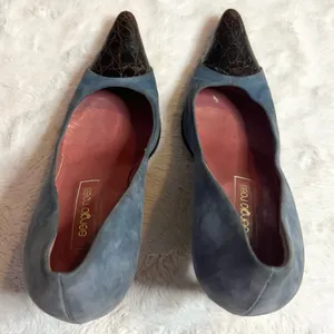 Sergio Rossi Pointed Toe Heals Blue Suede & Embossed Brown Leather Size 37 US 7 thumbnail 9