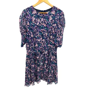 Shoshanna Floral Print Mini Dress Short Sleeve Tie Waist Purple Blue Size 14‎ thumbnail 3