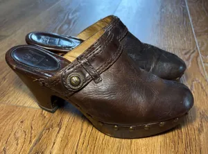 Frye Audra Heel Leather Clogs Mule Slide On 3.5" High-Heel Stud Brown Womens 8 M thumbnail 1