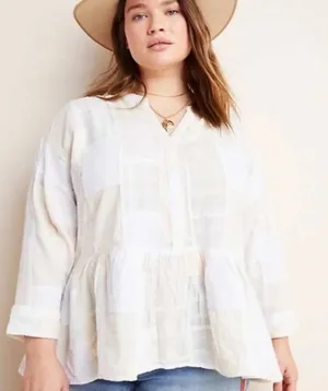 Anthropologie Maeve The Zoe Patchwork Swing Blouse S Cream Linen Cotton Henley thumbnail 1