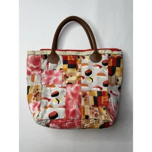 Patchwork Quilted Tote Bag Floral Sushi Patterns Handmade Boho Cottagecore Red thumbnail 2