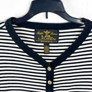 LAUREN RALPH LAUREN Black White Striped Long V-Neck Button Accent Top Large thumbnail 8