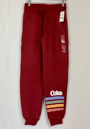 Women’s Casual Drawstring Joggers Coke Rainbow Print Logo Maroon NWT thumbnail 1
