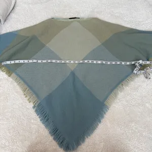 Churchill Handwoven Poncho Shawl Fring Plaid Green Camel Satin Neck Colorful OS thumbnail 4