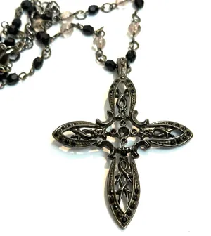 Unique Vintage Vintage Black and Silver Ornate Cross Pendant Necklace, Gothic and Punk Style thumbnail 1