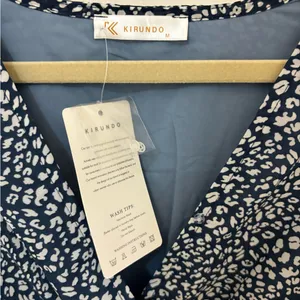 NWT!! KIRUNDO V-Neck Ruffle Abstract Floral Print Dress in Blue & White thumbnail 10
