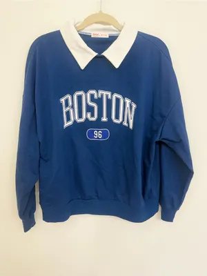 ROMWE Boston Blue Pullover Sweatshirt with White Collar women Size Small thumbnail 1