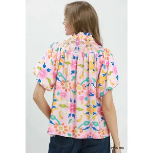 Umgee Folk Art Print Top with Smocked Detail - Medium thumbnail 2