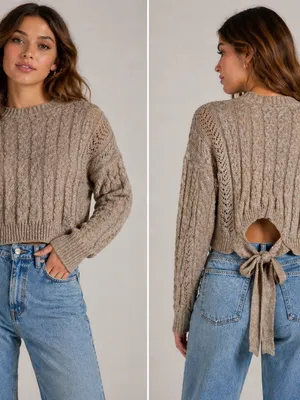 Windsor Cable Knit Sweater Open Back Tie Cropped Taupe Neutral Fall Top Medium thumbnail 3
