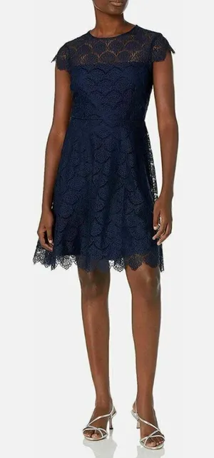Kensie Women's Size 8 Fit & Flare Dress Navy Blue Scalloped Lace Open Back Cap thumbnail 1