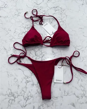 NWT Quince Cherry Red Italian Triangle Bikini Top & Adjustable Side Tie Bottom S thumbnail 1
