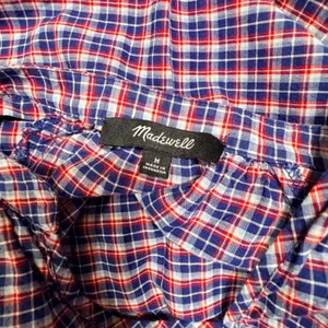 Madewell Womens Blue Red Plaid Cotton Linen Tie Cuff Blouse‎ G1412 Size M thumbnail 6
