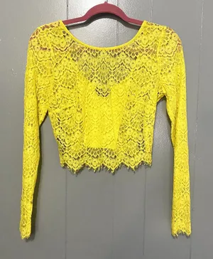 Bebe Yellow Lace Sheer Long Sleeve Open Back Chic Party Crop Top M thumbnail 1