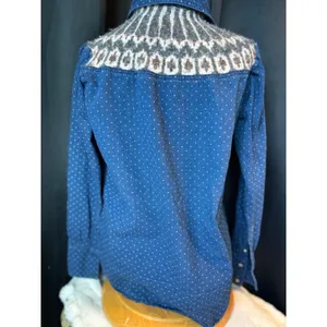 Free People Polka Dot Denim Button Down Shirt Fair Isle Knit Yoke Blue western thumbnail 3