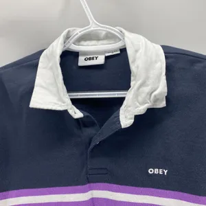 OBEY Riley LS Polo purple cropped oversized striped rugby 100% cotton size XL thumbnail 6
