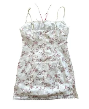 White Fox Boutique - Lace & Ribbon Trim Dainty Floral Mini Dress in White & Pink thumbnail 3